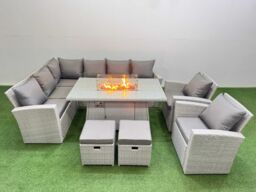 Fimous Rattan Corner Sofa Chair Set Gas Fire Pit Table with Temper Glass 2 Footstools Light Grey Mixed - thumbnail 2