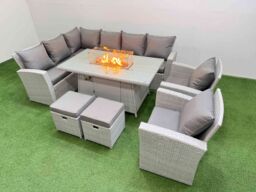 Fimous Rattan Corner Sofa Chair Set Gas Fire Pit Table with Temper Glass 2 Footstools Light Grey Mixed - thumbnail 1