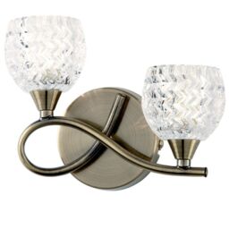 Loops LED Twin Wall Light Twist Arm Antique Brass Glass Pattern Dimming Lamp Lighting in Clear - thumbnail 1