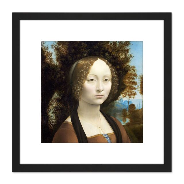 Artery8 Da Vinci Ginevra De Benci Portrait Painting 8X8 Inch Square Wooden Framed Wall Art Print Picture with Mount in Black - image 1