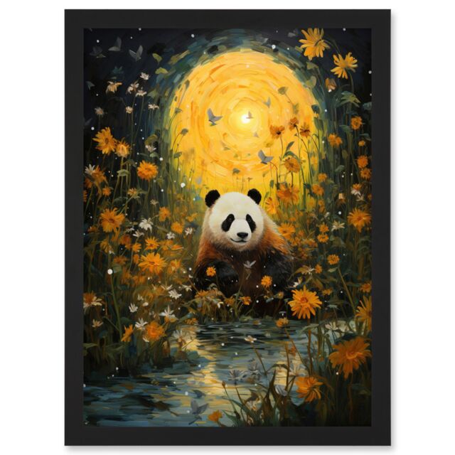 Artery8 Wall Art Print Harvest Moon Panda Landscape Oil Painting Panda Bear in a Wildflower Meadow with Flowing Stream Kids Bedroom Artwork Framed A4 - image 1
