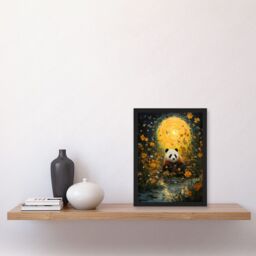 Artery8 Wall Art Print Harvest Moon Panda Landscape Oil Painting Panda Bear in a Wildflower Meadow with Flowing Stream Kids Bedroom Artwork Framed A4 - thumbnail 2