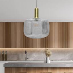 First Choice Lighting Batley Large - Clear Ribbed Glass Satin Brass Deco Pendant Fitting - thumbnail 3