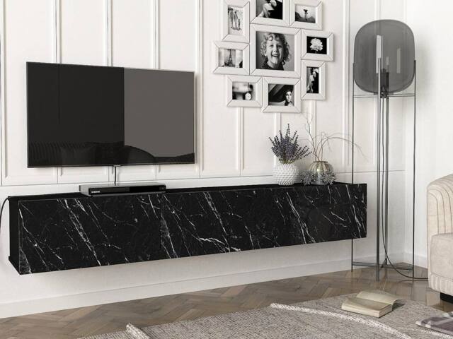 Vente-unique Wall - Mounted TV Unit With 3 Doors - Black Marble Effect - VIKILA - image 1