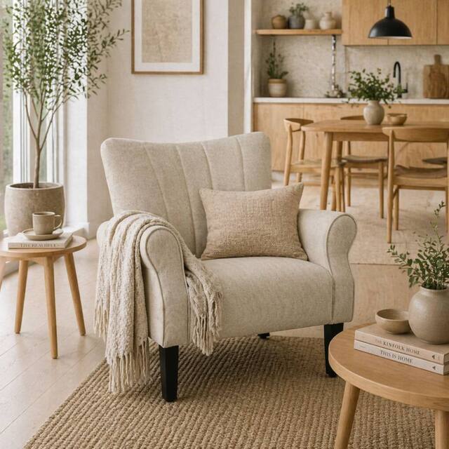 Wyld Haus Vikene Coni Beige Fabric Accent Armchair Rolled Arms & Wooden Legs - image 1