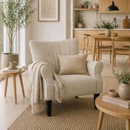 Wyld Haus Vikene Coni Beige Fabric Accent Armchair Rolled Arms & Wooden Legs