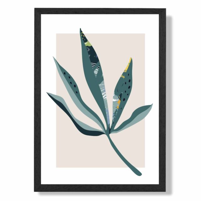 ARTZE Palm Leaf Teal & Green Mid Century Modern Framed Print SIZE: A2 with Black Frame - Size: A4 - image 1