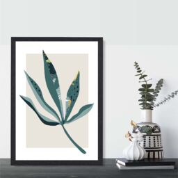 ARTZE Palm Leaf Teal & Green Mid Century Modern Framed Print SIZE: A2 with Black Frame - Size: A4 - thumbnail 2