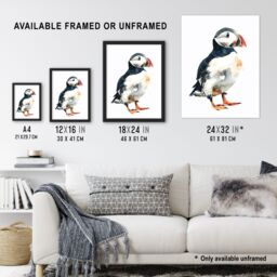 "Artery8 Single Cute Puffin Bird Watercolour Portrait Framed Art Print in White - Size: W12"" x H16""" - thumbnail 3