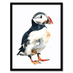 "Artery8 Single Cute Puffin Bird Watercolour Portrait Framed Art Print in White - Size: W12"" x H16""" - thumbnail 1
