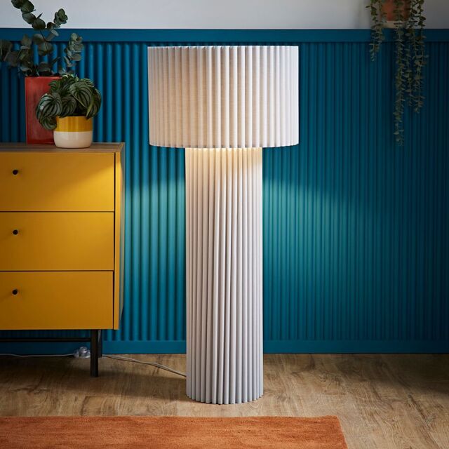 ValueLights Lenny Drum Shade Colour Drench Ribbed Fabric Midi Floor Lamp with Bulb in Stone - image 1