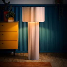 ValueLights Lenny Drum Shade Colour Drench Ribbed Fabric Midi Floor Lamp with Bulb in Stone - thumbnail 3
