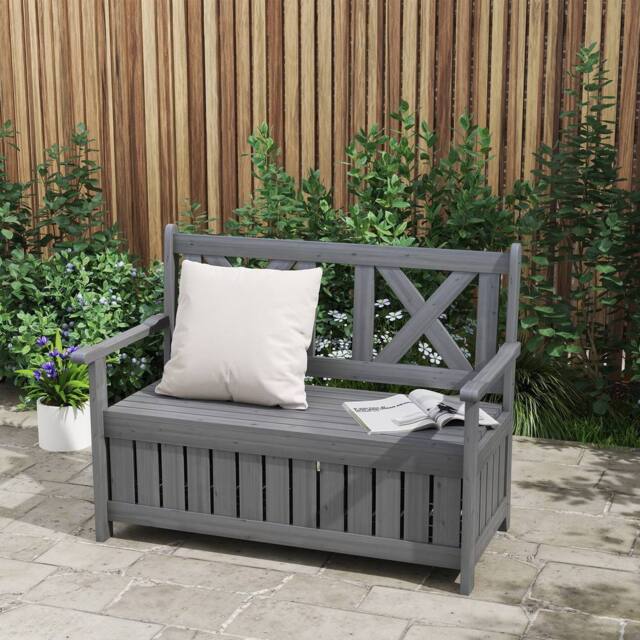 OUTSUNNY Wood Storage Garden Bench for Patio Outdoor Seating, Charcoal Grey in Dark Grey - image 1