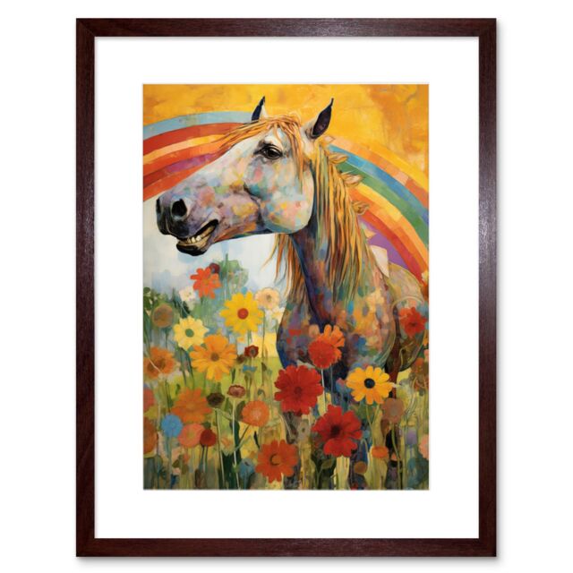 "Artery8 Wall Art Print Girls Bedroom Nursery Artwork Rainbow Horse With Flowers Bright Colourful Happy Artwork Framed 9X7 Inch - Size: W7"" x H9""" - image 1