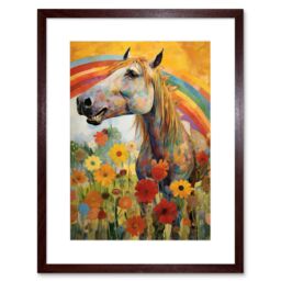 "Artery8 Wall Art Print Girls Bedroom Nursery Artwork Rainbow Horse With Flowers Bright Colourful Happy Artwork Framed 9X7 Inch - Size: W7"" x H9""" - thumbnail 1