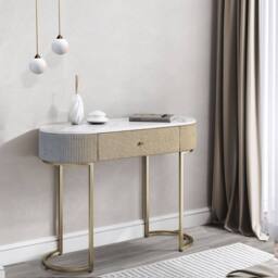 CARME HOME Romy Ivory Two-Tone Fabric Bouclé & Corduroy Dressing Table in Brown - thumbnail 1