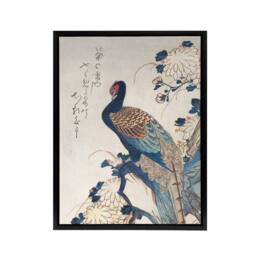 "Artery8 Pheasant & Chrysanthemums Framed Canvas Wall Art Print Hiroshige in Blue - Size: W12"" x H16""" - thumbnail 1