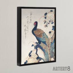"Artery8 Pheasant & Chrysanthemums Framed Canvas Wall Art Print Hiroshige in Blue - Size: W12"" x H16""" - thumbnail 2