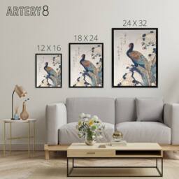 "Artery8 Pheasant & Chrysanthemums Framed Canvas Wall Art Print Hiroshige in Blue - Size: W12"" x H16""" - thumbnail 4