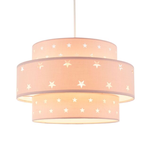 Happy Homewares Triple Tier Cotton Fabric Childrens Pendant Shade with Stars Decor in Pink - image 1