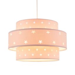 Happy Homewares Triple Tier Cotton Fabric Childrens Pendant Shade with Stars Decor in Pink