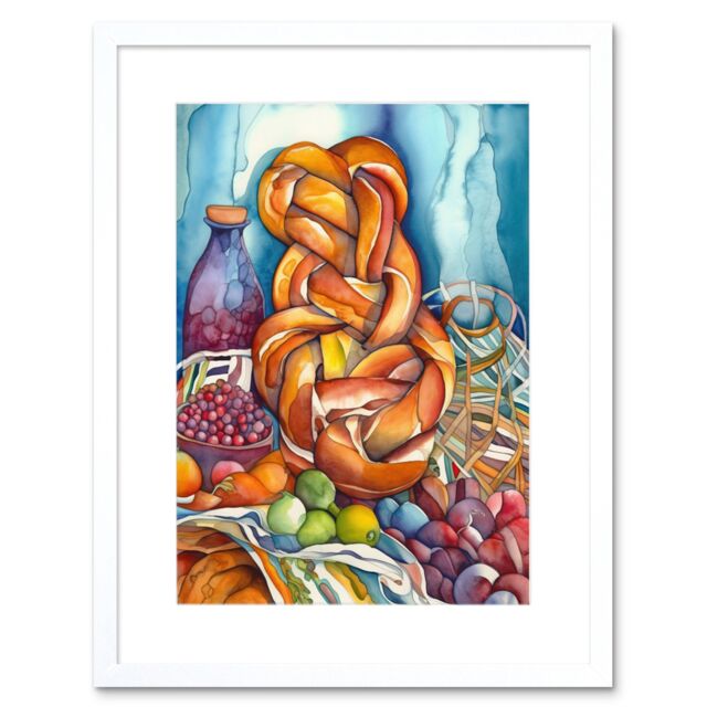 "Artery8 Wall Art Print Jewish Challah Bread & Fruit Folk Art Watercolour Painting Artwork Framed 9X7 Inch in White - Size: W7"" x H9""" - image 1
