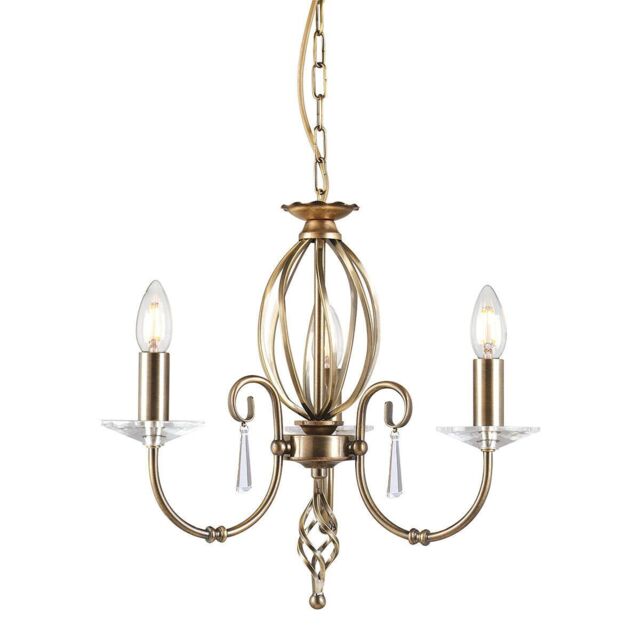 Loops 3 Bulb Chandelier Cut Glass Droplets Central Curved Stem Aged Brass LED E14 60W in Clear