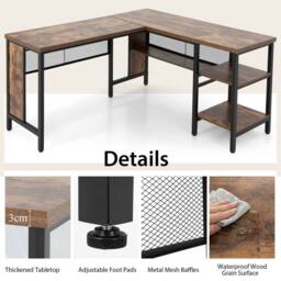 Costway L-Shaped Corner Computer Desk 150cm Large Corner Desk Workstation 2-Tier Shelves in Brown - thumbnail 6