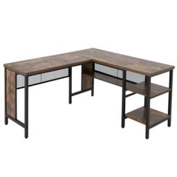 Costway L-Shaped Corner Computer Desk 150cm Large Corner Desk Workstation 2-Tier Shelves in Brown - thumbnail 2