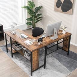 Costway L-Shaped Corner Computer Desk 150cm Large Corner Desk Workstation 2-Tier Shelves in Brown - thumbnail 3