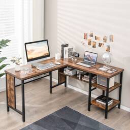 Costway L-Shaped Corner Computer Desk 150cm Large Corner Desk Workstation 2-Tier Shelves in Brown - thumbnail 4
