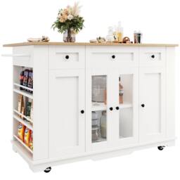 BTM Kitchen Island with Removable Partitions & Glass Cabinet in White - thumbnail 7