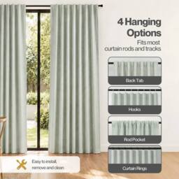 VOGREX Green Linen Look Thermal Blackout Curtains 52x84in Pair - thumbnail 3