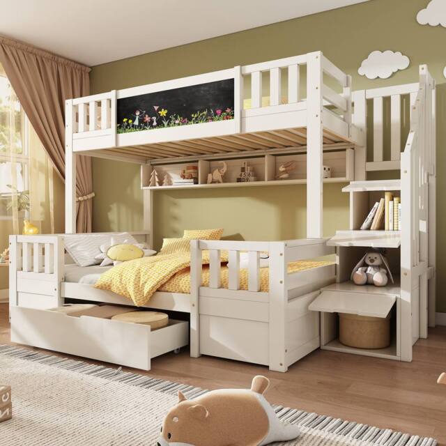 Matteo Kids Bunk Bed with Staircase, Drawers & Chalkboard - White - Size: Double - image 1