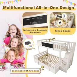 Matteo Kids Bunk Bed with Staircase, Drawers & Chalkboard - White - Size: Double - thumbnail 3