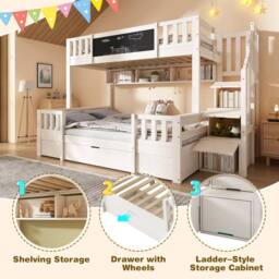 Matteo Kids Bunk Bed with Staircase, Drawers & Chalkboard - White - Size: Double - thumbnail 2