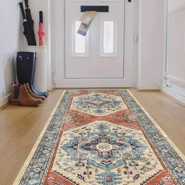 The Rug Shop UK Blue Bordered Geometric 7mm Thick Stain-Resistant Traditional Rug - Size: 60 cm x 180 cm - image 1
