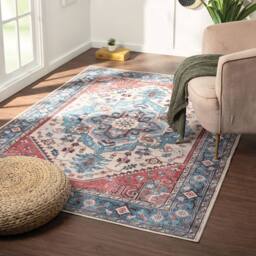 The Rug Shop UK Blue Bordered Geometric 7mm Thick Stain-Resistant Traditional Rug - Size: 60 cm x 180 cm - thumbnail 2