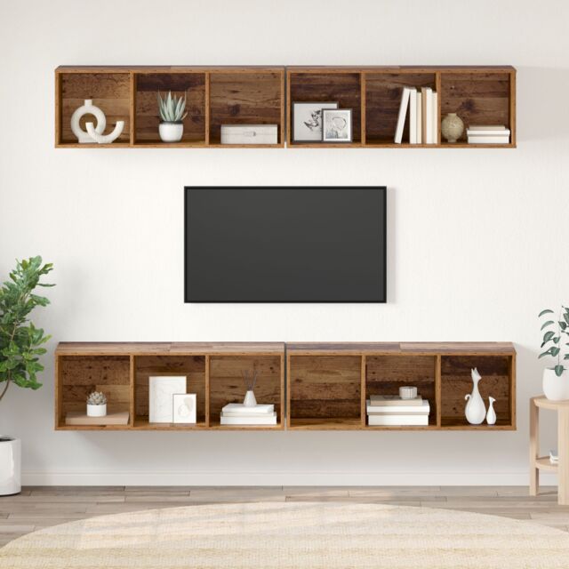 Berkfield Home Wall TV Cabinet with Shelf Wall-mounted with Storage 4 pcs Old wood 37 x 37 x 107.5 cm in Brown - image 1