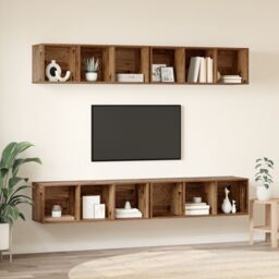 Berkfield Home Wall TV Cabinet with Shelf Wall-mounted with Storage 4 pcs Old wood 37 x 37 x 107.5 cm in Brown - thumbnail 4