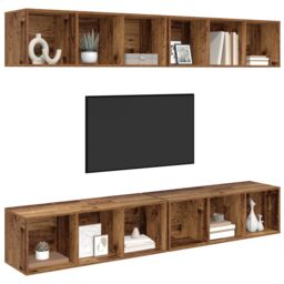 Berkfield Home Wall TV Cabinet with Shelf Wall-mounted with Storage 4 pcs Old wood 37 x 37 x 107.5 cm in Brown - thumbnail 3