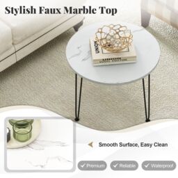 Costway Round Coffee Table Small Faux Marble Accent Table in White - thumbnail 7