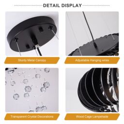 Garwarm 6 Light Wood Caged Crystal Dimmable Chandelier in Black - thumbnail 8