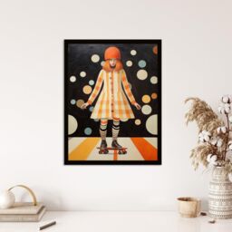 Wee Blue Coo Wall Art Print Surreal Skater in Retro Skate Park Orange Black White Oil Painting Art Framed - Size: A4 - thumbnail 4