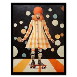 Wee Blue Coo Wall Art Print Surreal Skater in Retro Skate Park Orange Black White Oil Painting Art Framed - Size: A4 - thumbnail 1