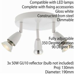 Loops LED Adjustable Ceiling Spotlight Gloss White Triple GU10 Dimmable Downlight - thumbnail 2