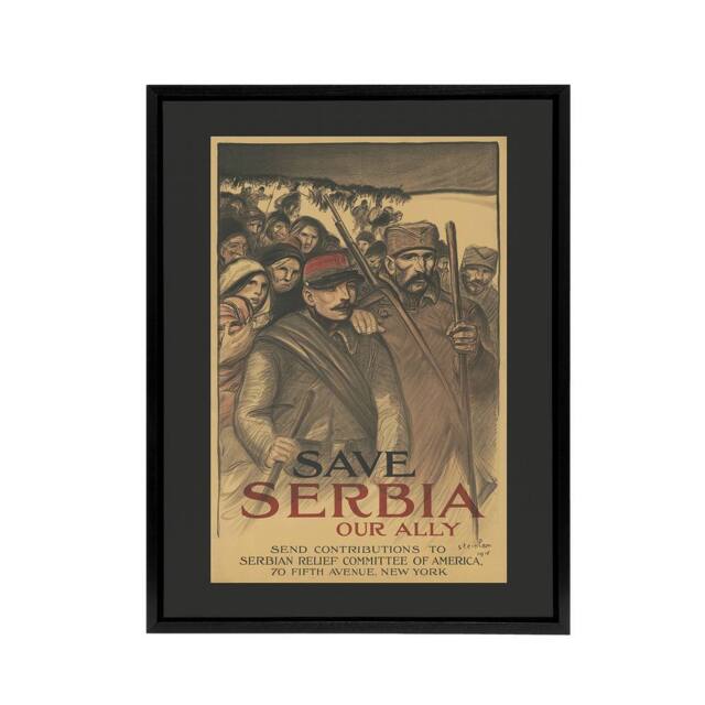 "Artery8 Save Serbia Our Ally WWI Propaganda Steinlen Black Framed Canvas Art in Brown - Size: W12"" x H16""" - image 1