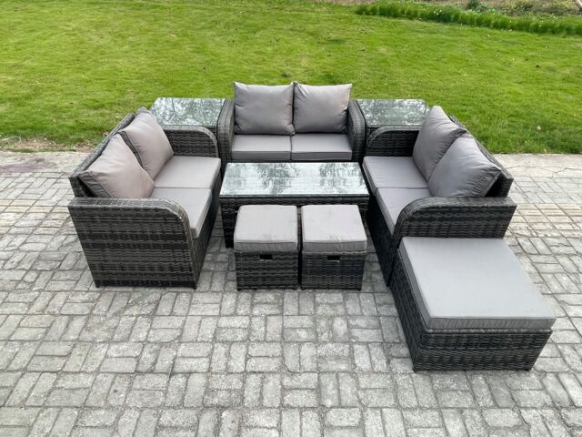 Fimous Outdoor Garden Furniture Sets 9 Pieces Wicker Rattan Furniture Sofa Sets with Coffee Table Love seat Sofa 3 Footstools 2 Side Tables - image 1