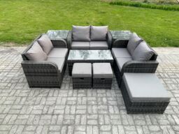 Fimous Outdoor Garden Furniture Sets 9 Pieces Wicker Rattan Furniture Sofa Sets with Coffee Table Love seat Sofa 3 Footstools 2 Side Tables - thumbnail 1