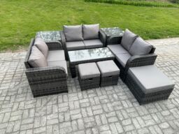 Fimous Outdoor Garden Furniture Sets 9 Pieces Wicker Rattan Furniture Sofa Sets with Coffee Table Love seat Sofa 3 Footstools 2 Side Tables - thumbnail 2